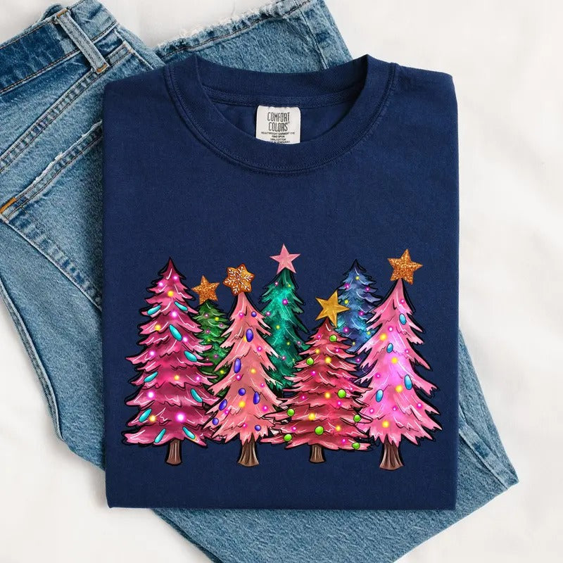 Colorful Christmas Tree, Retro, Santa, Winter, Xmas Tshirt, Christmast Comfort Colors Tshirt, Women's Graphic Tee, Xmas, Santa, Winter, Snow