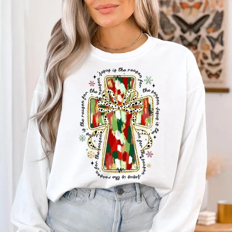 Colorful Coquette Glitter Graphic Printed Jesus Cross Sweatshirt, Jesus is The Reason Christmas Coquette Bow Dalmatian, Christian Xmas Brushstroke Shirt