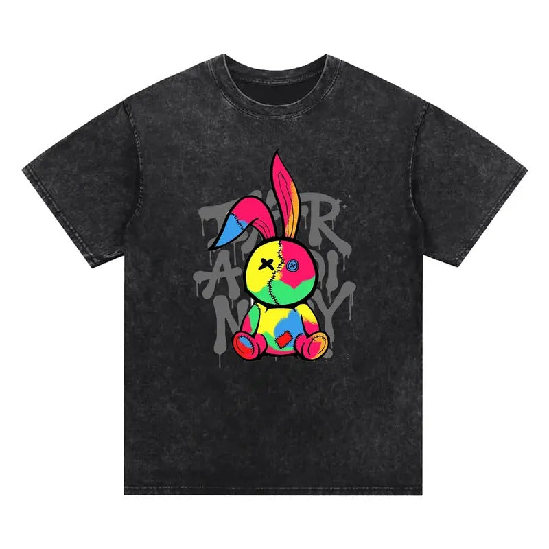 Colorful rabbit bright washed T-shirt, graffiti color, Fashionable and uninhibited, street style, Comfortable fabrics, exceptional quality, Wear it for a new trendy stance.