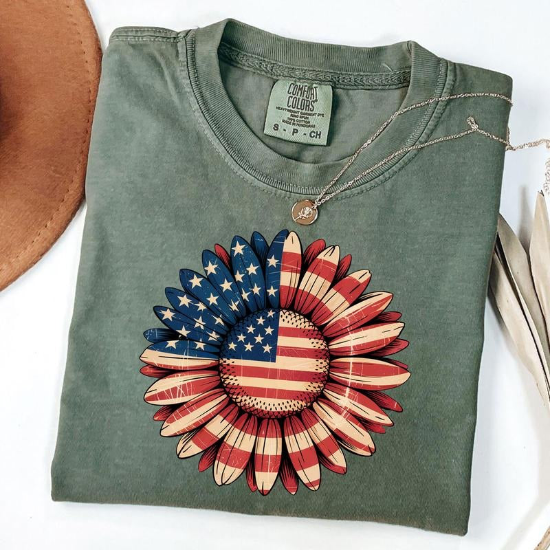 Comfort Colors America Sunflower Shirt, USA Flag Flower T-Shirt, Patriotic Sunflower Tee