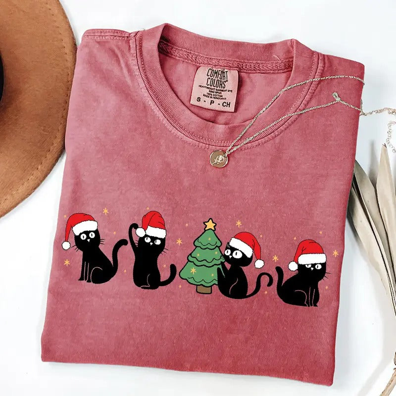 Comfort Colors Black Cat Christmas Tree Shirt, Cat Lover Gift For Christmas, Merry Christmas Shirt, Womens Holiday Shirt