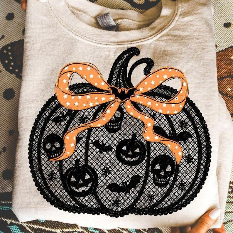 Comfort Colors Black Lace Pumpkin Coquette Shirt, Girly Fall Halloween Pumpkin Tee, Lace Pumpkin Cherry Shirt, Spooky Season Graphic Tee