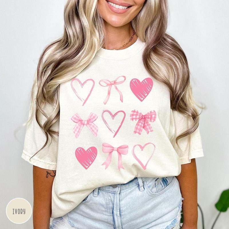 Comfort Colors Coquette Heart Shirt Valentines Day Shirt Cute Trendy Heart Pink Coquette Tshirt Vday Hearts Pink Bows Valentine Tee Womens