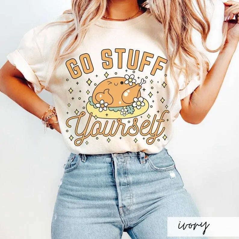 Comfort Colors Go Stuff Yourself Shirt, Funny Kawaii Cartoon Prank Turkey Day Shirt, Rude Thanksgiving Tee, Irreverent Autumn Friendsgiving