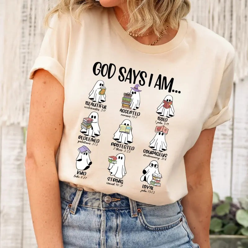 Comfort Colors God Says I Am Halloween Shirt, Cute Ghost Book Shirt, Ghost Shirt, Book Lover T-shirt, Ghost Reading Books, Halloween Sweater, Halloween Gift