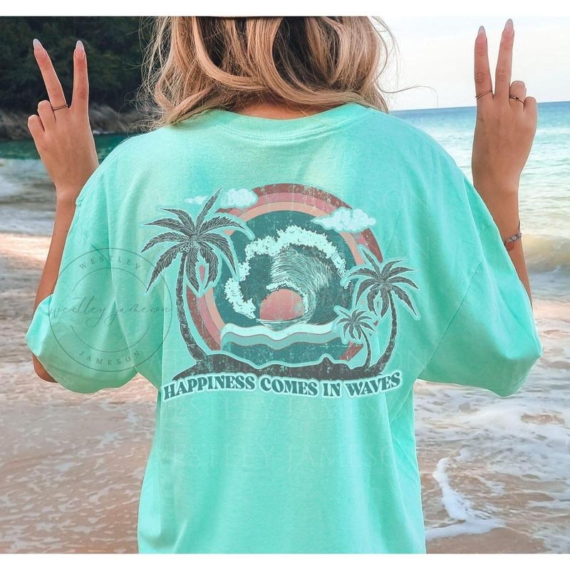 Comfort Colors Happiness Comes in Waves Summer Vibes, Wave Design Tee, Beach Lover Gift, Coastal Lifestyle, Trendy Summer