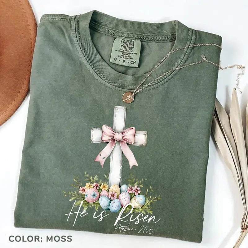 Comfort Colors He is Risen Shirt, He is Risen Clipart, Retro Easter Tee, Easter Christian Tshirt, Easter Bible Verse Tee, He is Risen Bow Shirts