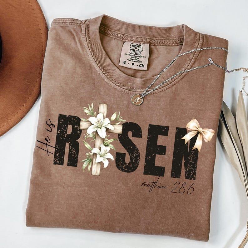 Comfort Colors He is Risen Shirt, Retro Easter T-shirt, Easter Christian Shirt, Easter Bible Verse Tee, He is Risen Bow Tshirt