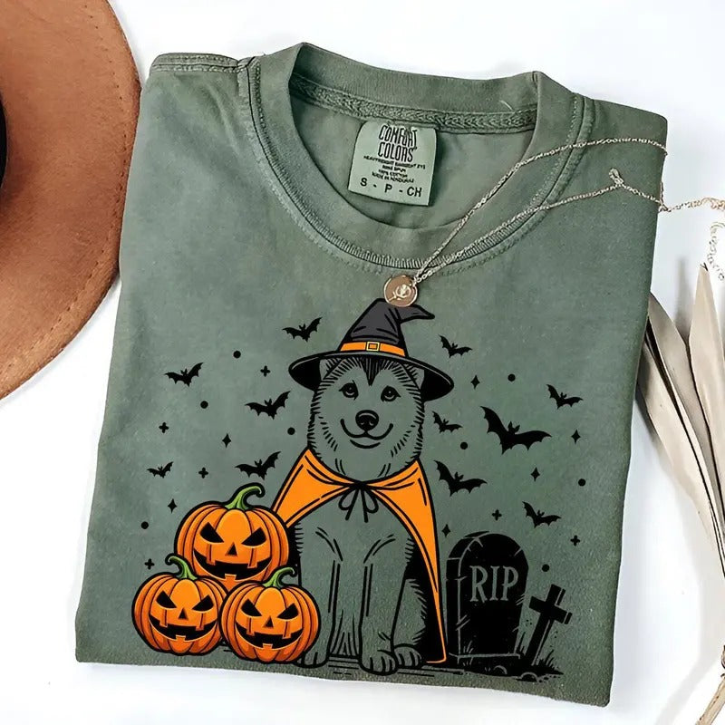 Comfort Colors Husky Halloween Shirt | Spooky Siberian Witch T-Shirt | Pumpkin Husky Dog Tee | Funny Halloween Dog Lover Gift | Fall Husky Shirt
