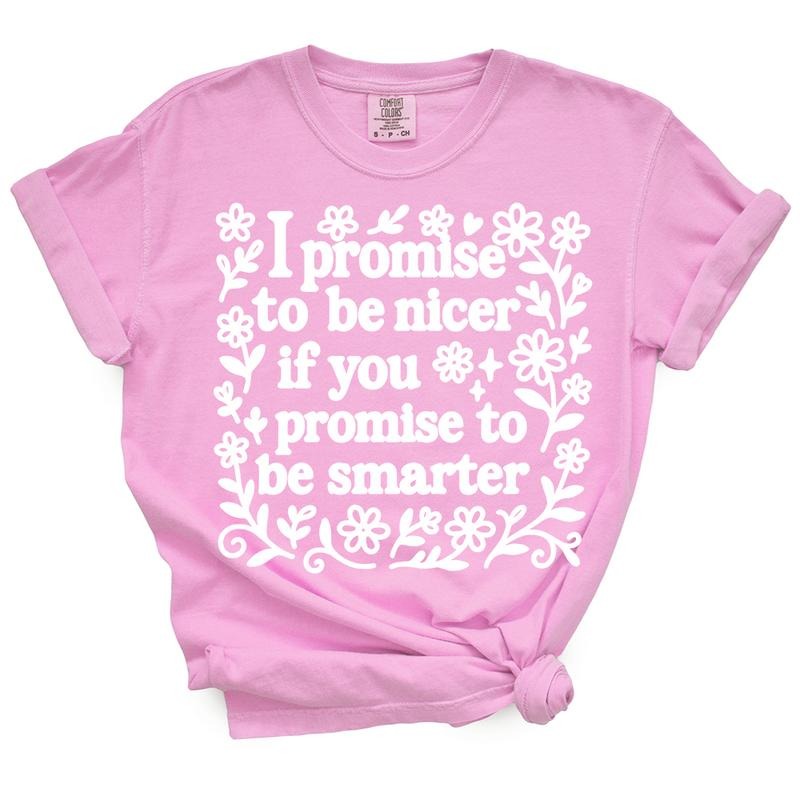Comfort Colors I Promise To Be Nicer Casual Funny Tshirt - 100% Cotton, Machine Washable, Loose Fit, Crew Neck, Short Sleeve, Unisex
