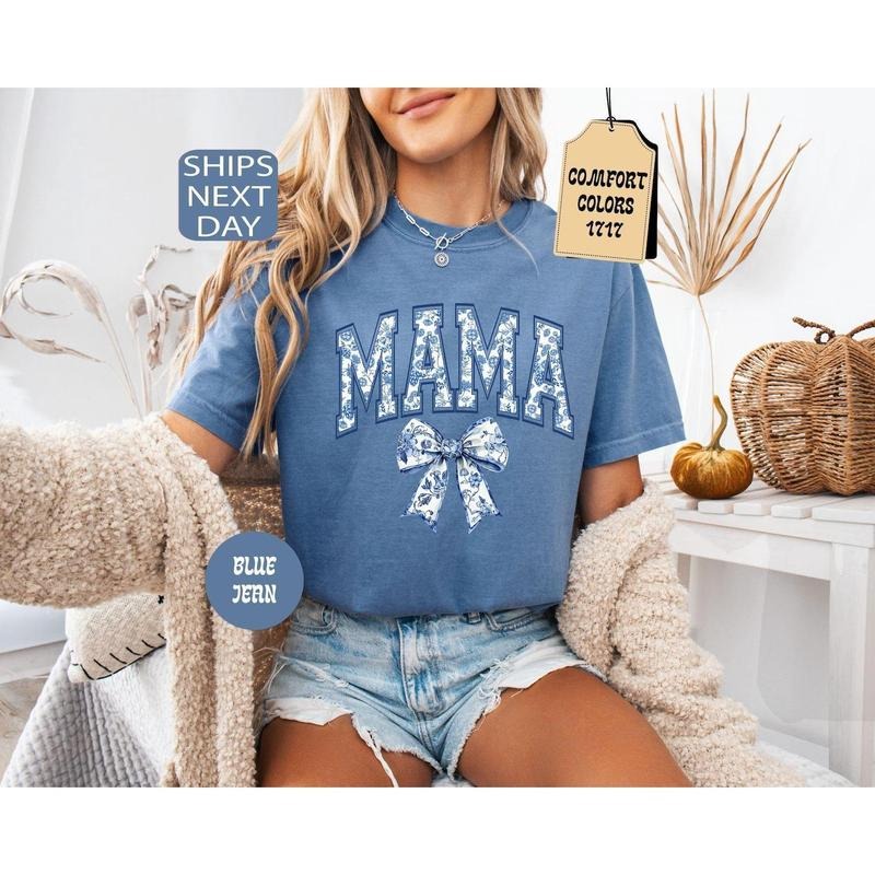 Comfort Colors Mama Shirt, Blue Ribbon Shirt, Mothers Day Gift, Aesthetic Gift For Mom, Cute Mom Shirt, Toile Bow Shirt, Chinoiserie Shirt