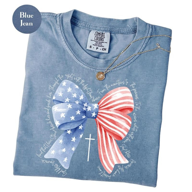 Comfort Colors Patriotic Bow Tee, God Bless America Shirt, 4th of July Apparel, Women's Patriotic Top
