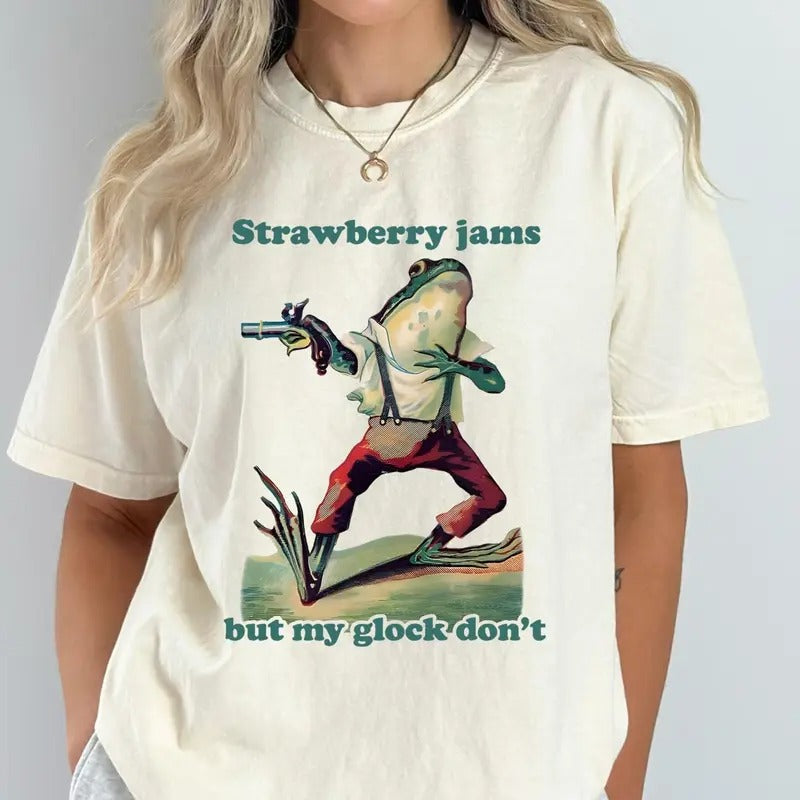 Comfort Colors Retro Meme Shirt, Strawberry Jams But My Pew Pew Don't, Funny Frog Raccoon Shirt, Funny Meme T-Shirt, Sarcastic Y2K Tee Shirt