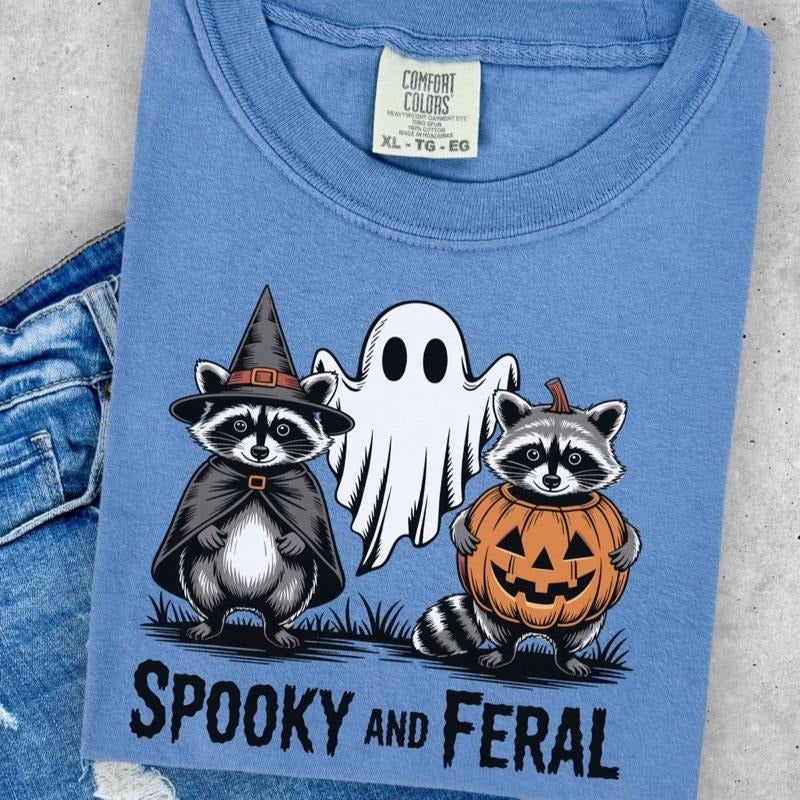 Comfort Colors Spooky and Feral Funny Halloween Raccoon Women's Short Sleeve Casual Cotton Graphic T-Shirt - Womenswear