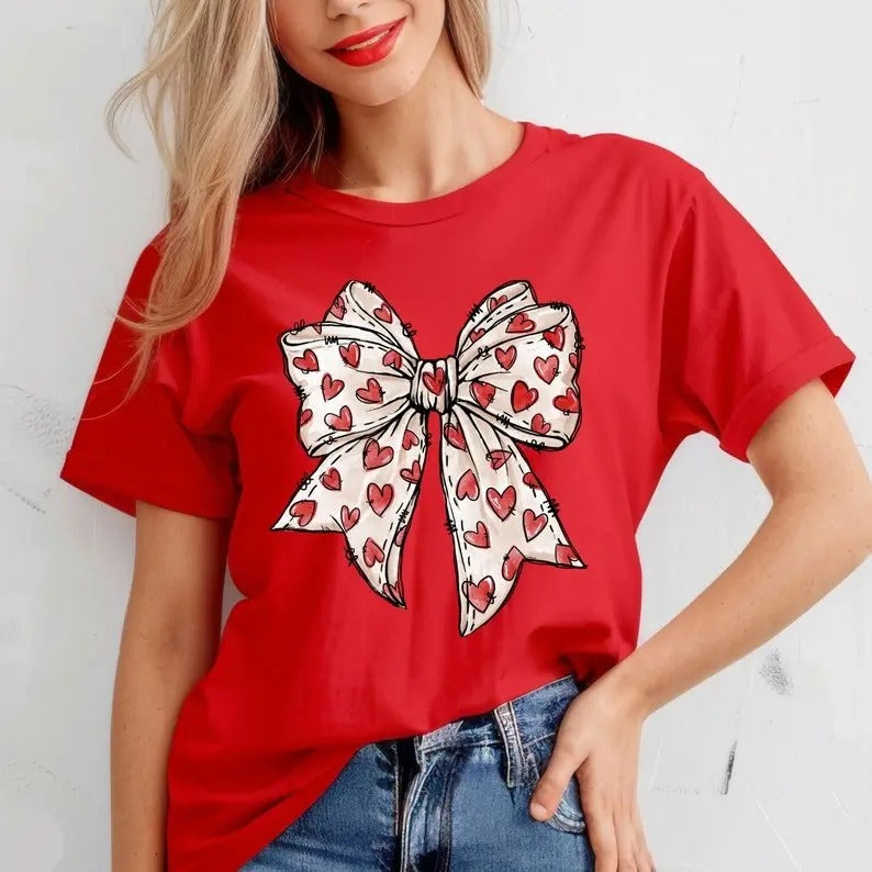 Comfort Colors Valentines Day Heart Bow Shirt, Coquette Bow T-Shirt, Valentine Day Bow Tee, Heart T-Shirt, Gift For Girlfriend
