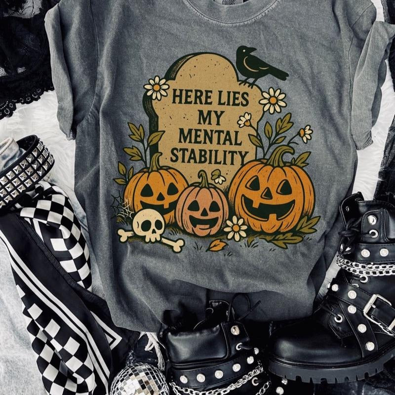 Comfort Colors Women's Short Sleeve Casual Cotton Graphic Tshirt with Halloween Pumpkin Design - Mental Stability Theme