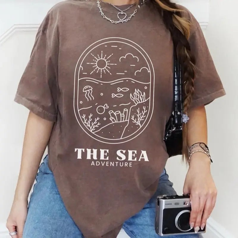 Comfort Colos Women's The Sea Minimalist Short Sleeve Casual Cotton Top with Sun Design and Adventure Theme - Womenswear