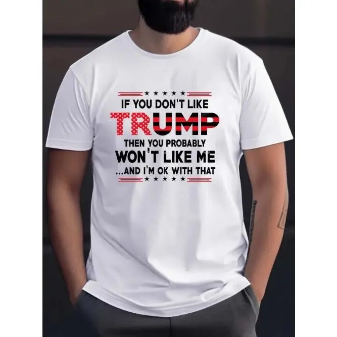 Comfortable and breathable high quality men's crew-neck T-shirt with geometric Trump print - Summer casual knitted fabric T-shirt with slight stretch - printed regular short sleeve top Made in USA