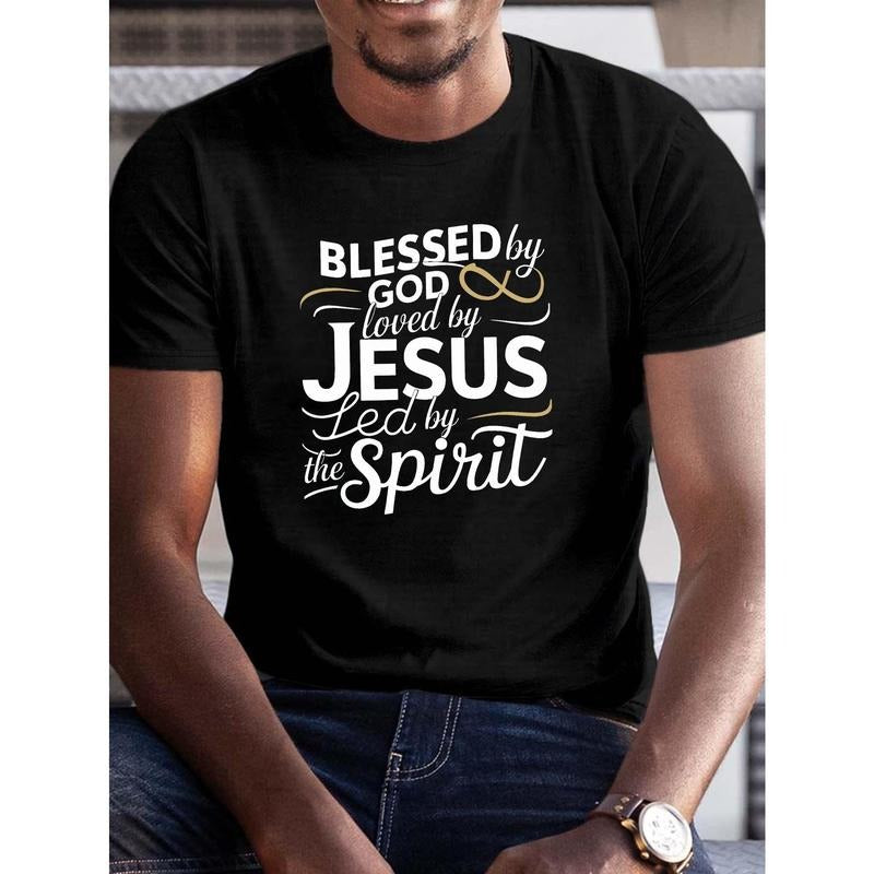 Comfortable and breathable men's crew neck T-shirt, Summer casual style, regular version, spiritual "God bless, Jesus Love, Holy Spirit Guide" printed short sleeve T-shirt, adult, daily commute Made in USA