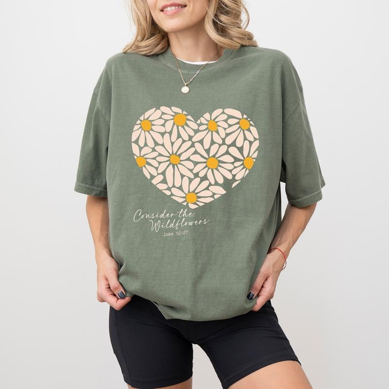 Consider Wildflowers Shirt, Retro Floral Christian Graphic Tee Women, Boho Flower Printed T-shirt, Bible Verse Luke 12 Comfort Shirt Casual Style, Gift For Christians, Casual Short Sleeve Shirt For Women, Cotton Fabric Unisex Tee