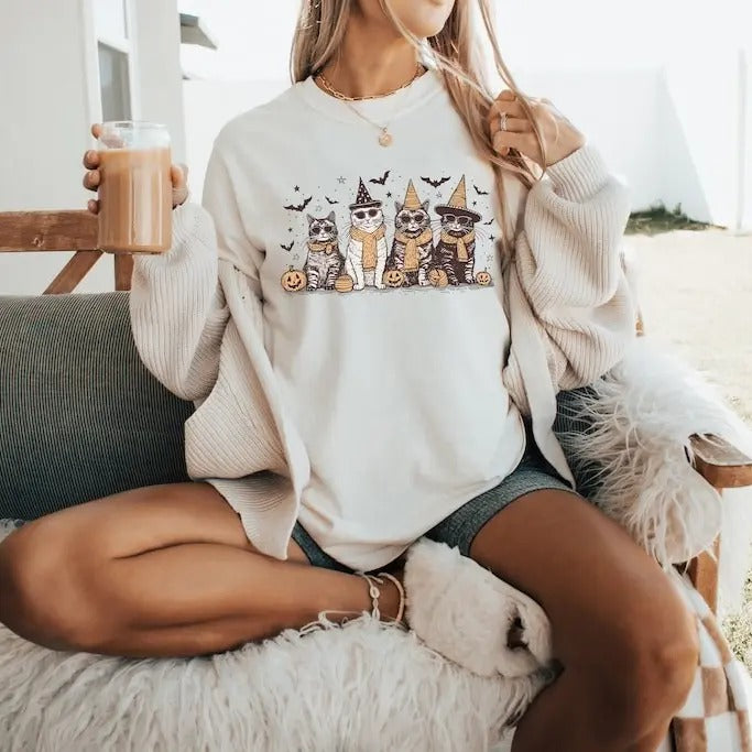 Cool Halloween Cats TShirt - Sweatshirt - Hoodie, Halloween Shirt, Funny Halloween Shirt, For Men, For Women, Casual, Classic Fashion Cotton Menswear and Cotton Womenswear Sweaters Tops Crewneck Long Sleeve