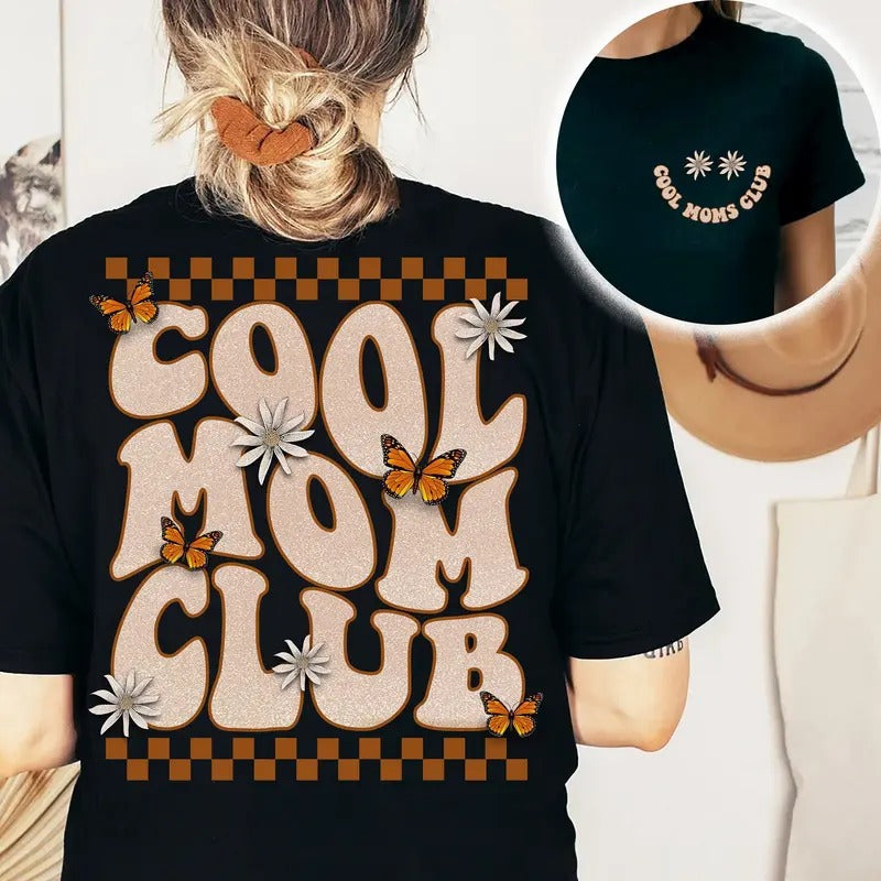 Cool Moms Club T-Shirt, Checkered Butterfly Mom Shirt, Floral Mama Shirt, Vintage Mama Shirt, Retro Mama Shirt, Cool Mom T-Shirt