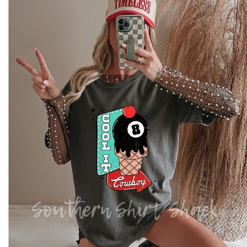 Cool it Cowboy retro ice cream 8 ball T shirt | Pepper comfort colors t shirt