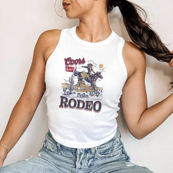 Coors Rodeo Women's Micro Rib Racer Tank Top, Cowboy Trendy Crop Top, Country Western Shirt Cotton Streetwear