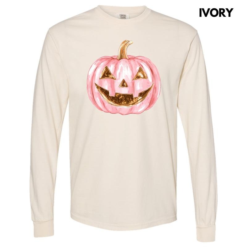 Copper & Pink Jack O Lantern Long Sleeve Comfort Colors T-Shirt 'NLB'