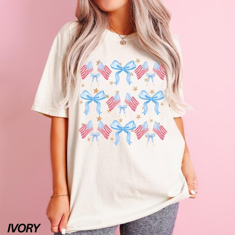 Coquette 4th of July Shirt, American Flag Shirt, USA Shirt, Retro 4th of July Shirt, Trendy Summer Shirt, Comfort Colors, Coquette Bow Tee