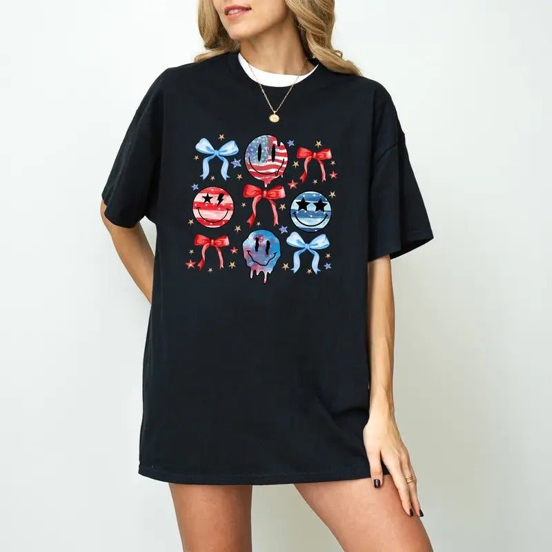 Coquette American Girly T-Shirt, American Flag Bow Tee Shirt, 4th Of July Smiley Face Sweatshirt, Smiley Face American Flag Shirt, Coquette Fourth Of July Shirt