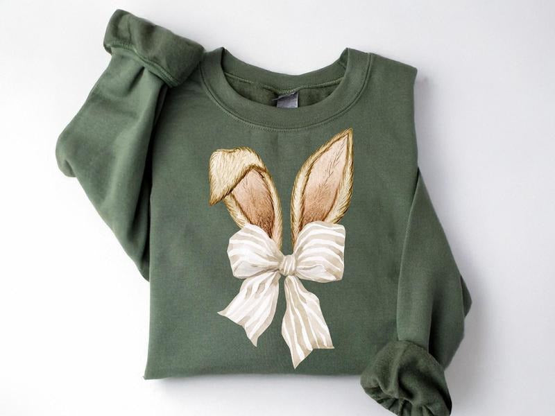Coquette Bow Bunny Ears Sweatshirt, Cute Bunny Sweatshirt, Rabbit Tee, Happy Easter Day Gift, Coquette Easter, Cute Easter Shirt