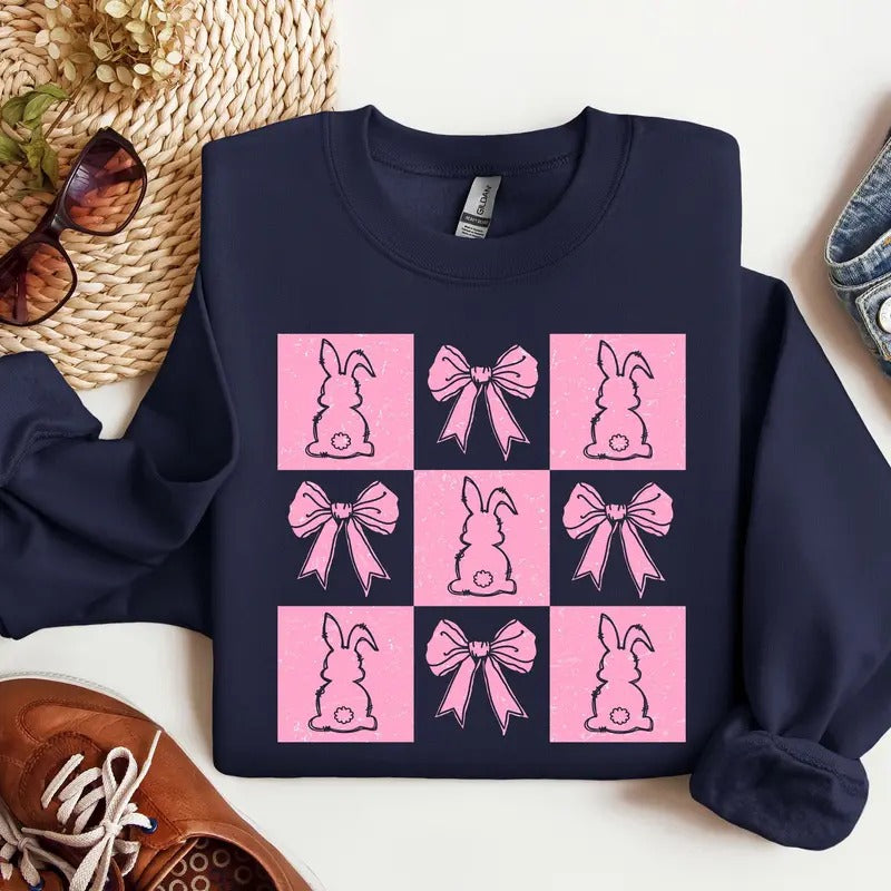 Coquette Bow Bunny Sweatshirt, Cute Easter Sweatshirt, Happy Easter Day Gift, Coquette Women Shirt, Easter Gift