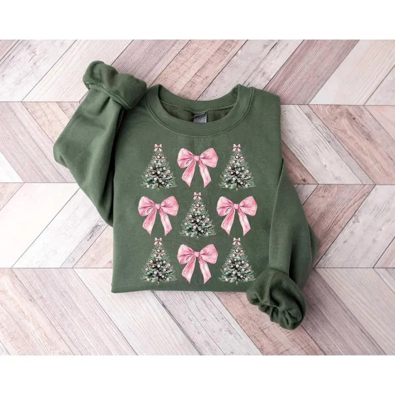 Coquette Bow Christmas Sweatshirt, Christmas Tree Shirt, Christmas Sweatshirt, Girly Christmas Sweater, Coquette Bow Sweater