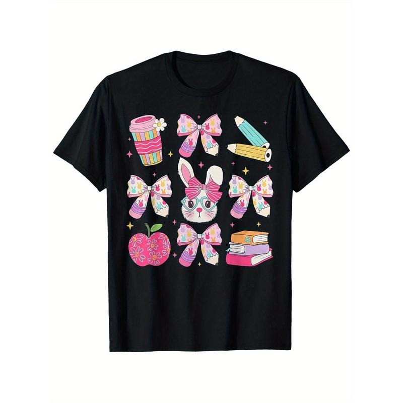 Coquette Bow Easter Bunny Teacher T-Shirt | 100% Cotton | Unisex Black Short Sleeve | Round Neck | Vibrant Digital Print with School-Themed Graphics | Machine Washable | Multi-Size S-XXXL | Ideal for Casual Outings & Gifts Made in USA