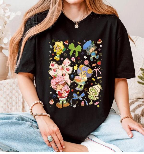 Coquette Bow Glitter Strawberry Shortcake Shirt, 80's Cartoon Characters Rainbow Shirt