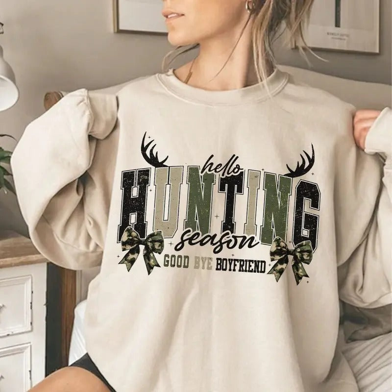 Coquette Bow Hello Hunting Season Goodbye Boyfriend Sweatshirt, Girlfriend Club Camo Hunting Coquette Bow Shirt