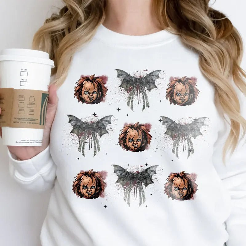 Coquette Bow Horror Chucky Sweatshirt, Horror Characters Sweatshirt, Horror Movies Shirt, Halloween Hoodie