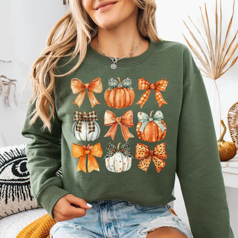 Coquette Bow Pumpkin Cozy Sweatshirt, Retro Fall Autumn Season Sweater, Cute Fall Time Shirt, Pumpkin Spice
