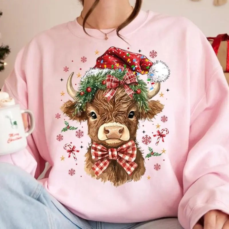 Coquette Christmas Highland Cow Shirt, Western Christmas Sweatshirt, Highland Cow , Merry Xmas , Coquette Aesthetic Christmas