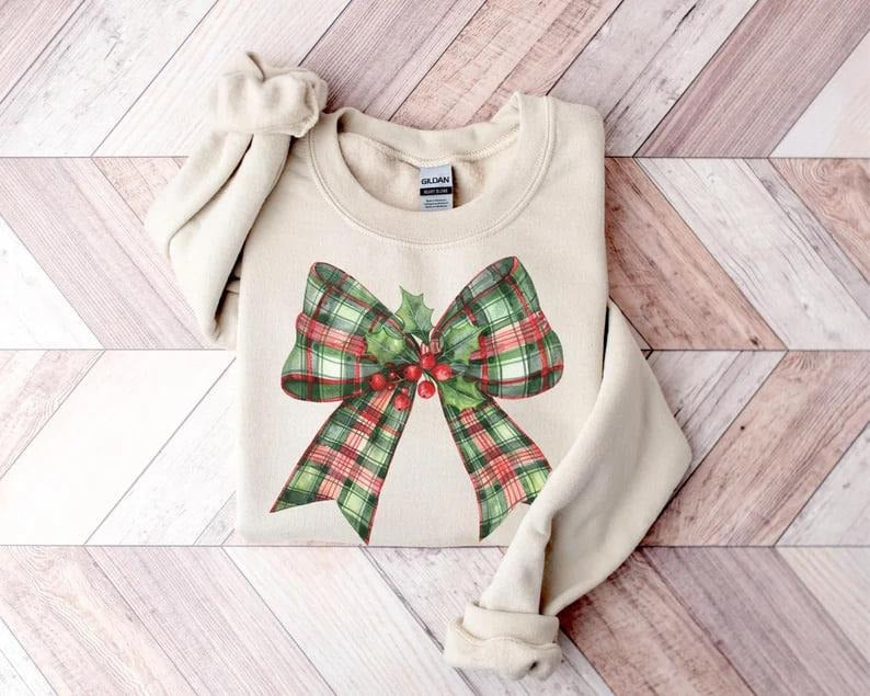 Coquette Christmas Sweatshirt, Christmas Bow Sweater, Holiday Crewneck, Cute Winter Sweatshirt, Women's Holiday Party Shirt, Retro Christmas