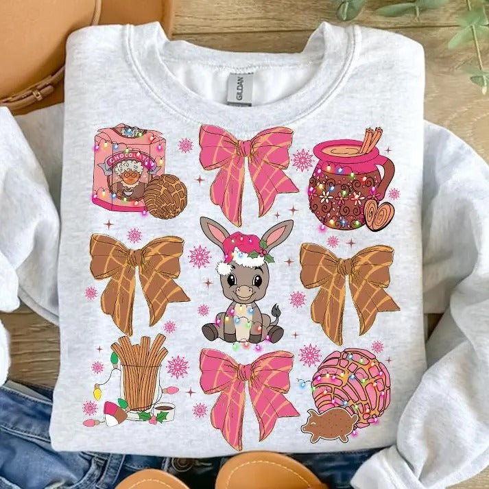 Coquette Christmas Tis The Season Sweatshirt, Mexican Christmas, Calories No Cuentan, Pink Spanish Christmas, Unisex Long Sleeve Crewneck