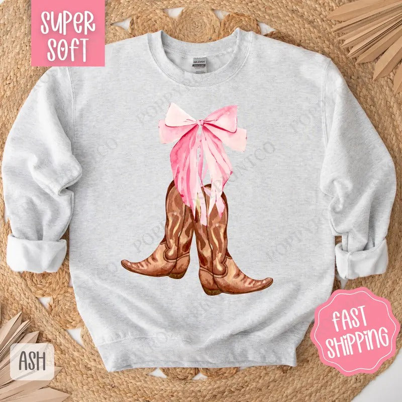 Coquette Cowgirl Boots Sweatshirt, Cowgirl Bow Crewneck, Country Music Sweater, Coquette Western Sweatshirt