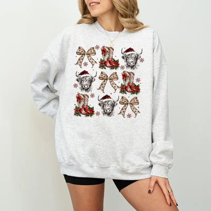 Coquette Cowgirl Christmas Shirt, Christmas Season Sweatshirt, Christmas Highland Cow Bow - Unisex Crewneck Sweatshirt & Tshirt - Cotton, Fabric