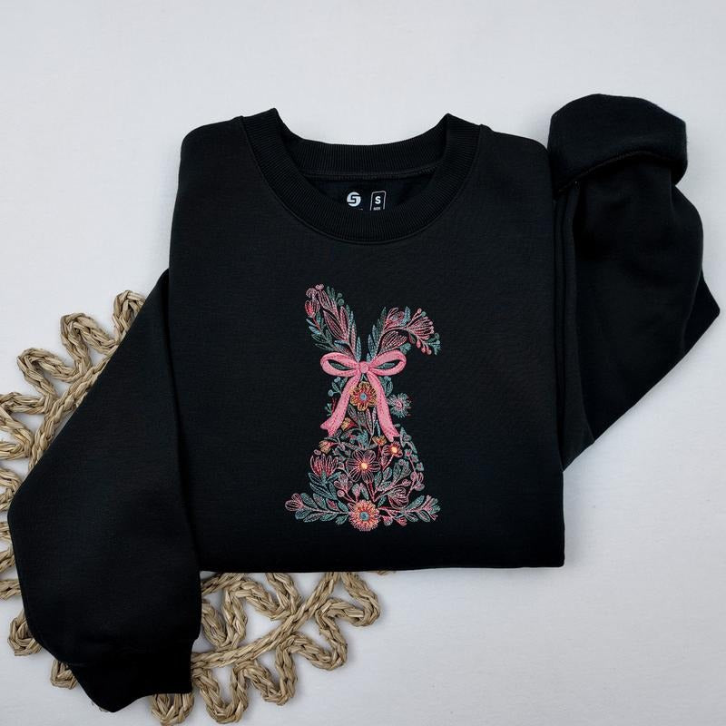 Coquette Easter Bunny Embroidered Sweatshirt, Trendy Easter Flower Sweatshirt, Women's Easter Rabbit Crewneck, Cute Spring Bunny Sweater