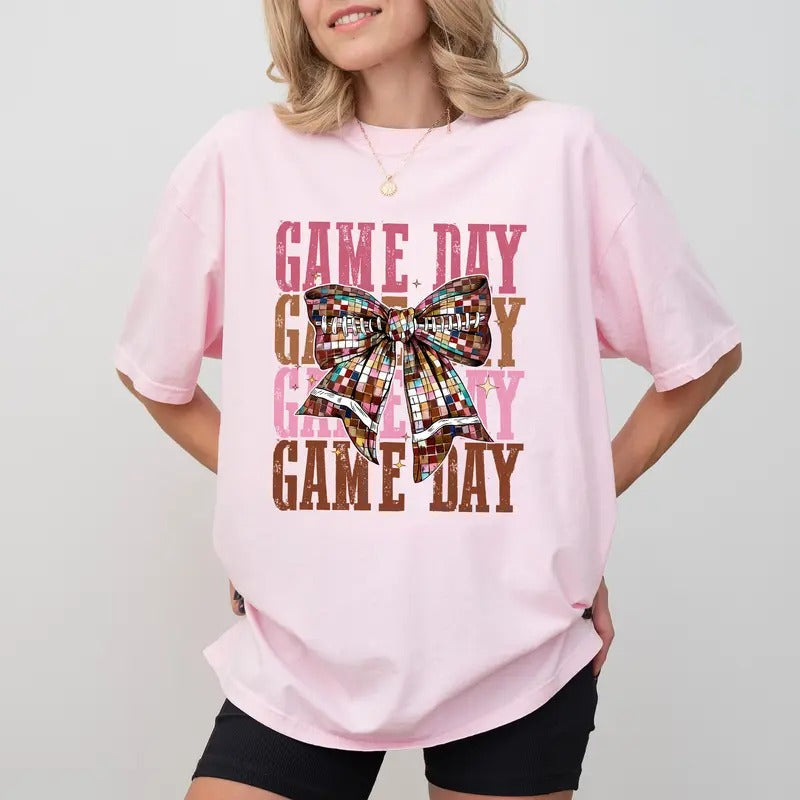 Coquette Football Disco Bow Tee, Coquette Cheerleading Shirt, Cheer Squad Sweatshirt Gift For Women, Football Season Crewneck, Sports Unisex Sweater, Comfy Long Sleeve Pullover, Women's Tops, Casual Womenswear, Comfort Fabric Cotton Top