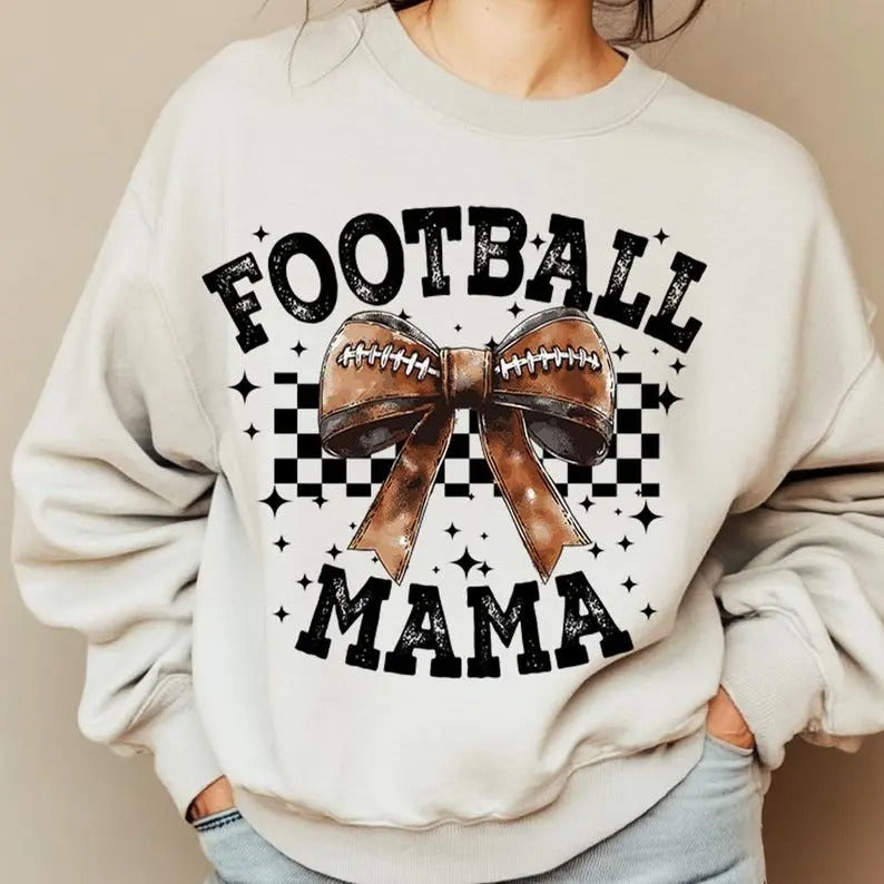 Coquette Football MAMA, Football Bow, Ash gray Football Sweatshirt, Game Day, Retro Football, Fall Football, Football Season Sport