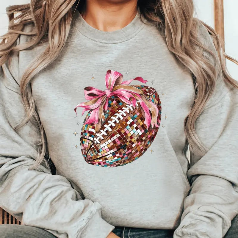 Coquette Football Sweatshirt. Pink Bow Football Casual Softstyle Unisex Pullover Crewneck Sweatshirt.
