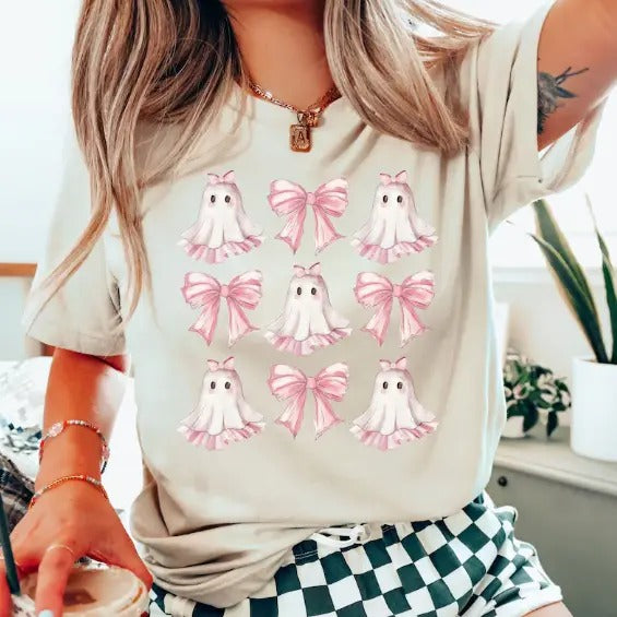 Coquette Halloween Shirt, Coquette Pink Bow Ghost Shirts, Cute Ghost Graphic Tee, Pink Coquette Halloween T-Shirt, Pink Top Womenswear
