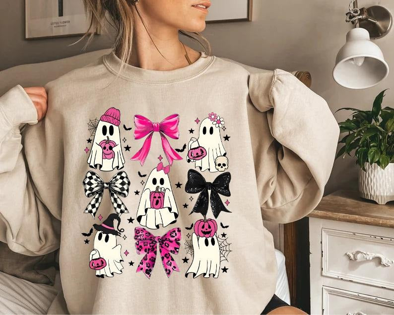 Coquette Halloween Sweatshirt, Halloween Pumpkin Sweatshirt, Cute Ghost Sweatshirt, Pumpkin Coquette Bow Shirt, Spooky Season Shirt, Halloween Mama Sweatshirt